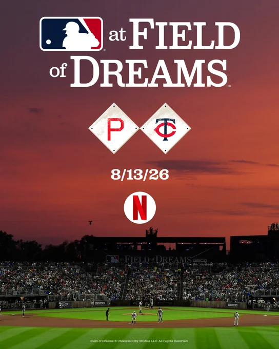Outfield view of the 2021 MLB Field at Field of Dreams in Dyersville, Iowa. The MLB at Field of Dreams logo is featured on the top of the photo, with Phillies and Twins throwback logos underneath, "8/11/26" underneath that and the Netflix logo on the bottom.