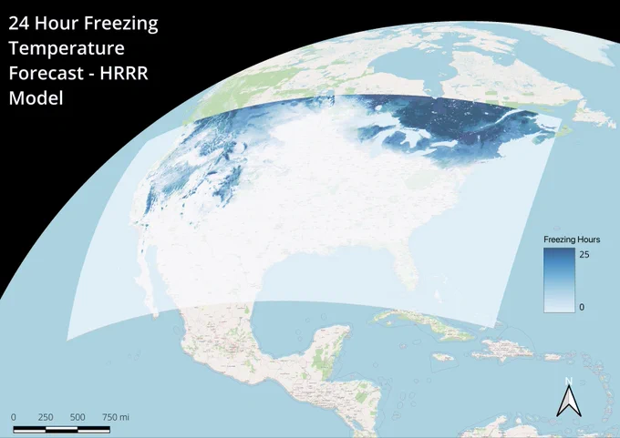 Map of HRRR 24-hour freezing temperature forecast model
