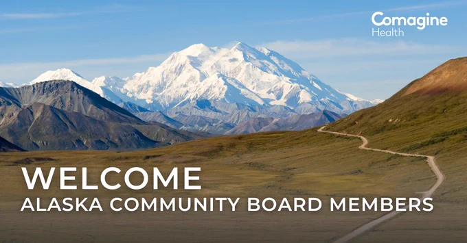 Photo of Denali with a trail in the foreground. The text overlay reads, "Welcome Alaska Community Board Members."