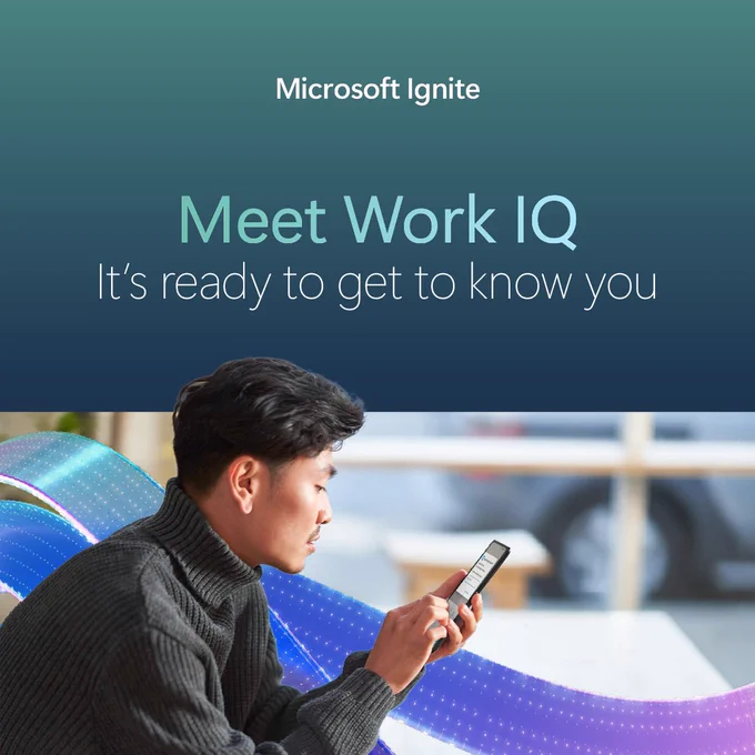 On a green background with a photo of a man looking at a phone: "Microsoft Ignite
Meet Work IQ
It's ready to get to know you"