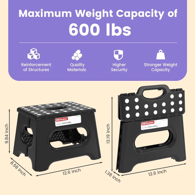 HBTower Folding Step Stool 9 Inch - Holds 600 lb, Non-Slip Surface & Carry Handle - Sturdy Step Stool for Kids, Toddlers & Adults - Compact Foldable...
Color: Black