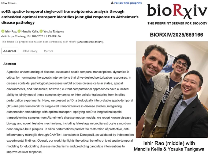 sc4D: spatio-temporal single-cell transcriptomics analysis through embedded optimal transport identifies joint glial response to Alzheimer's disease pathology
Ishir Rao, Manolis Kellis, Yosuke Tanigawa
bioRxiv 2025.11.19.689166; doi: https://doi.org/10.1101/2025.11.19.689166
