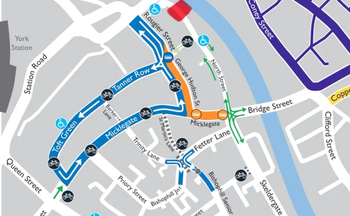 Map of the proposed new bus gates in York with my addition of a red line showing North Street is a cul-de-sac. The foot streets on the other side of the bridge are in purple.