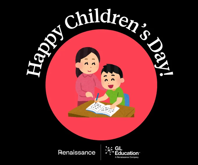 Graphic featuring two children coloring, with text 'Happy Children's Day!' and logos of Renaissance and GL Education at the bottom.