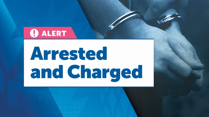 On the left side, a pink and white box with a warning icon and the word "ALERT" is prominently shown. Below this, a large white box contains the text "Arrested and Charged" in bold blue letters. The right side of the image features a blue-tinted, slightly blurred photograph of a person's hands in handcuffs, emphasising the seriousness of the situation.