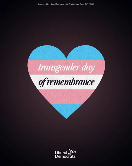 A trans flag coloured heart with the words transgender day of remembrance, placed on a dark background with a pink blur