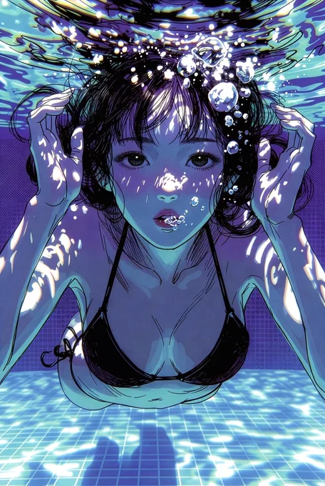 A young Japanese woman in a pool, holding her head underwater as she looks directly at the camera and blows bubbles from her mouth. In the style of Katsuya Terada, semi-realistic erotic illustration, thick ink lines, halftone textures, blue-purple monochrome, nostalgic sensuality, slight pink blush in her cheeks wearing black bikini top under water, fabric clinging to skin, subtle outline only