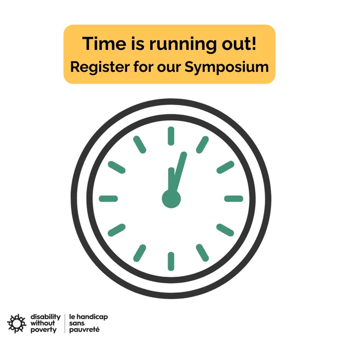 Text: Time is running out! Register for our Symposium. Line drawing of a clock with hands showing 12:05.