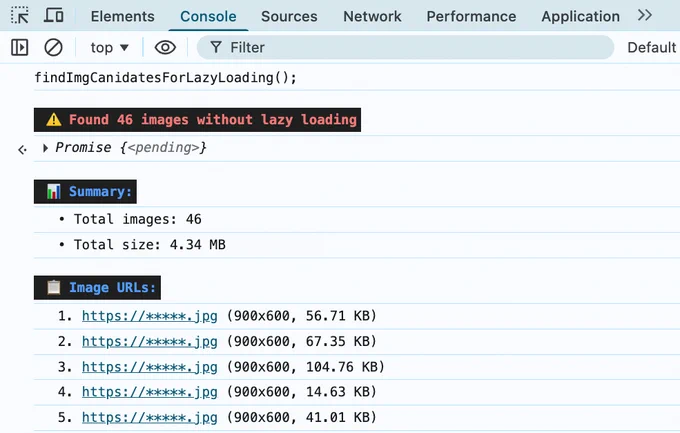 Chrome DevTools Console showing lazy loading audit results: 46 images without lazy loading detected, totaling 4.34 MB, with a list displaying the first 5 images showing their resolution (900x600) and individual file sizes ranging from 14.63 KB to 104.76 KB.