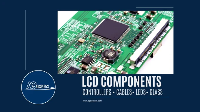 Close-up photo of a green LCD driver/controller PCB board with a large central IC chip, various surface-mount components, capacitors, and a white FPC flex cable connector on the right. Overlaid text reads "LCD COMPONENTS - CONTROLLERS • CABLES • LEDS • GLASS" with the AGDisplays logo and website www.agdisplays.com.