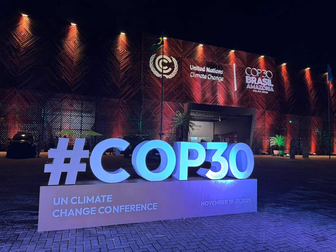 A photo taken outside of the COP30 conference building at night. Photo by Kilaparti Ramakrishna (Rama), WHOI.