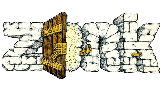 Illustration of a door and stone wall creating the word "Zork" in stylized text.