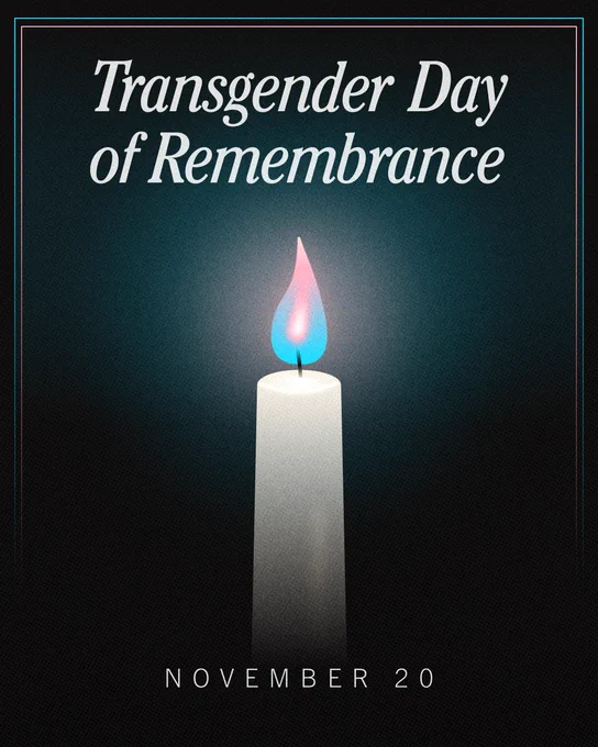 Graphic for Transgender Day of Remembrance featuring a lit candle with a blue flame on a dark background, with the event date November 20 displayed at the bottom.
