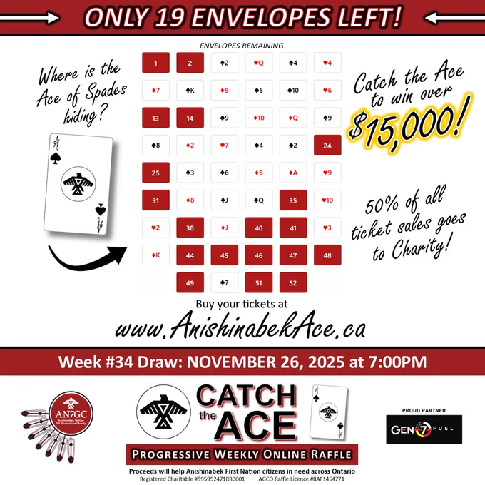 Support the Anishinabek Nation 7th Generation Charity by purchasing Catch the Ace tickets for your chance to win!

Purchase tickets now at www.anishinabekace.ca for the upcoming draw on Wednesday evening at 7pm.