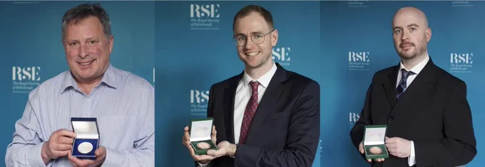 Prof Jonathan Cooper, Eamon Keane and Dr Christopher Berry holding their individual awards. Standing in front of a blue RSE backdrop.
