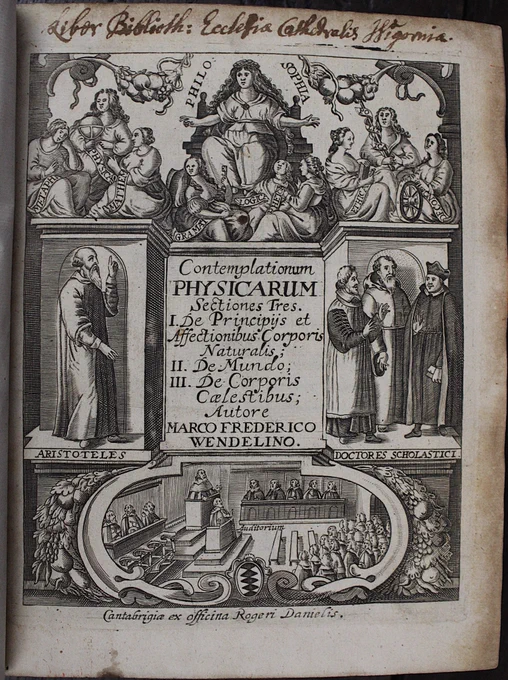 The engraving has philosophy represented by a woman seated on a thrown with a crown of laurels. Around her sit six younger women each of which represent various aspects of philosophy such as logic, rhetoric or ethics. Below them is a depiction of Aristotle standing with his left hand raised pointing upwards, and three scholastic doctors as well as the title of the book and author. In the lower section is some sort of courtroom or perhaps a university disputation. This black and white engraving was done at Cambridge by Roger Daniels. 