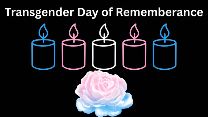 "Transgender Day of Rememberance" darunter fünf Kerzen in den Farben blau rosa weiß rosa blau (trans flagge) und eine Rosenblüte in den selben 3 Farben