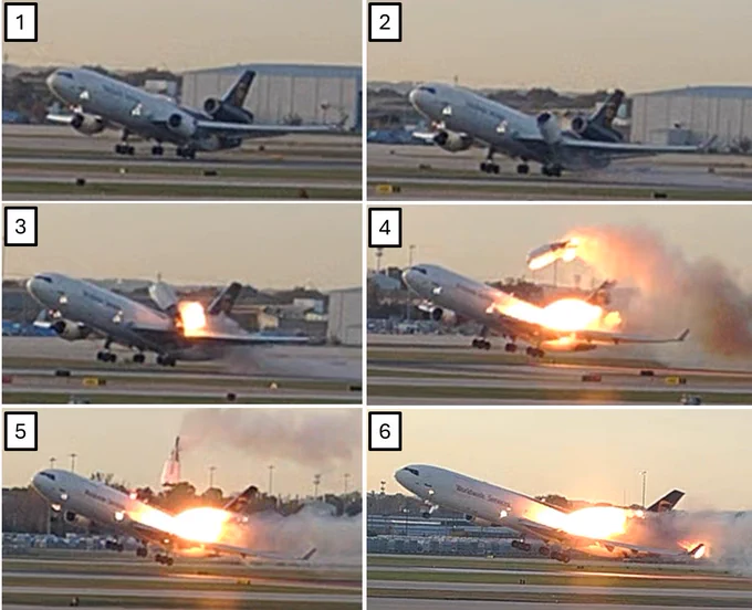 Still images from an airport surveillance video showing the left engine and left pylon separation from the left wing. (Source: UPS)