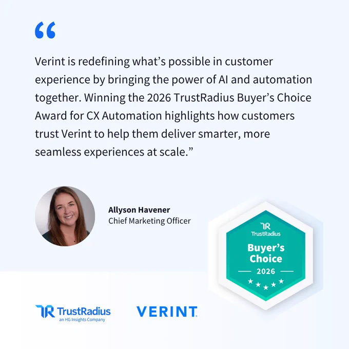 Graphic featuring a quote about customer experience innovation, attributed to Allyson Havener, with the TrustRadius logo and a 2026 Buyer's Choice award for CX Automation highlighted.