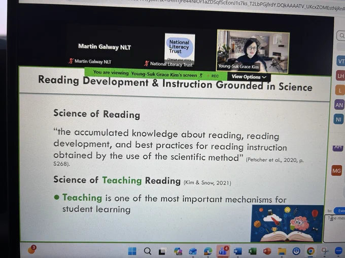 Screen grab of zoom session. Professor Kim is speaking and sharing a slide that defines the science of reading as’ the accumulated knowledge about reading development, and best practices for reading instruction obtained by the use of the scientific method.’ Citing Petcher et al 2020.