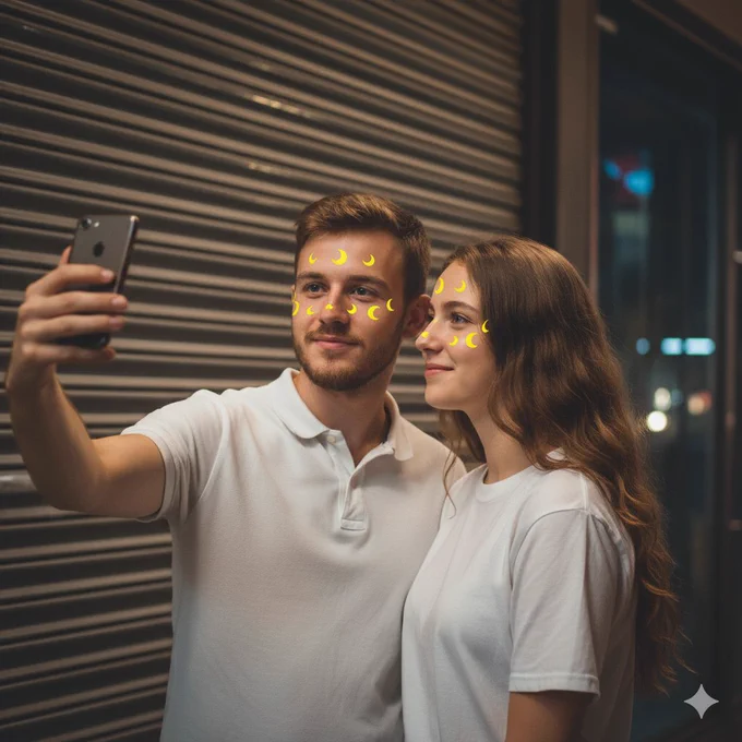 Aesthetic portrait of a young couple taking a selfie at night in front of a closed metallic shutter, casual and cozy atmosphere. The boy has a short beard and wears a white polo shirt, while the girl has long brown hair and wears a plain white t-shirt. Both have warm, soft lighting on their faces and small yellow crescent moon stickers or digital effects scattered across their cheeks and foreheads. The girl looks affectionately at the boy while he looks slightly away, casual and candid moment,