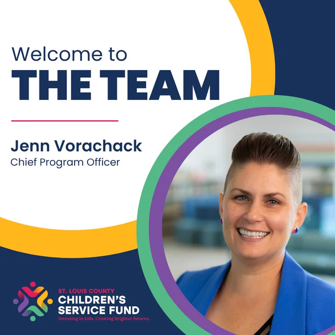 A square image that says "Welcome to the team Jenn Vorachack, Chief Program Officer." Next to that text is a photo of a woman with short hair wearing a blue blazer smiling.