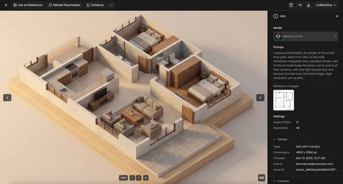 Create photorealistic 3D render of the entire floor plan, seen from afar, to the side, miniature maquette

fully colorized render, with furniture inside

Keep the exact same rooms at their location, with the right equipment, but remove the text from the final image.

High resolution, pro quality