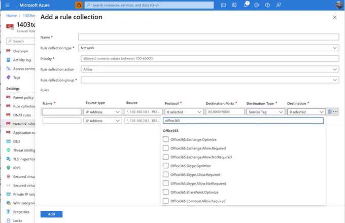 Screenshot showing Microsoft 365 network rule collection.