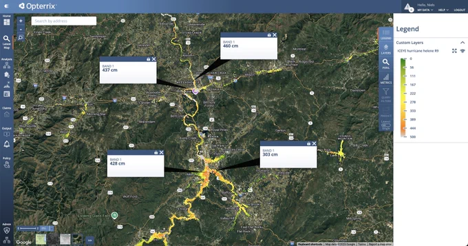 ICEYE flood depth data from Hurricane Helene, over Asheville, NC, visualized in the Opterrix platform.