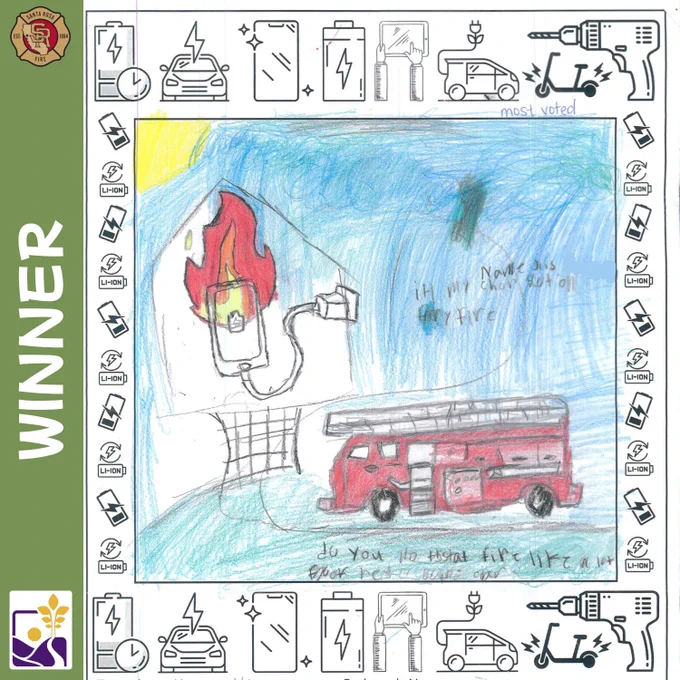 Photo of a student drawing of the 2025 NFPA fire prevention week theme and infographic that states "In early October Santa Rosa Fire Department invited all 3rd graders across Santa Rosa City Schools to participate in a coloring contest as an opportunity to learn more about this years National Fire Prevention week theme. The 2025 theme , “Charge into Fire Safety™: Lithium-Ion Batteries in Your Home,” provided education and resources on how to buy, charge, and recycle lithium-ion batteries safely. Each class was provided with educational materials and coloring sheets which were all reviewed by SRFD Staff. Ten elementary schools opted into the contest which outstanding results and entries. After thoughtful review and deliberation a student winner was chosen from each of the participating 10 schools. To protect the identity and privacy of each student, their names and teacher names will not be announced at this time. "
