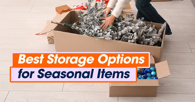 Person packing a Christmas garland and decorations into boxes with a graphic headline reading 'Best Storage Options for Seasonal Items'.