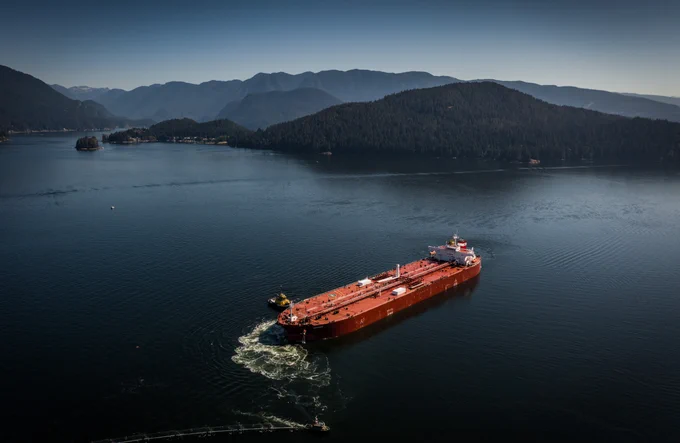 Large red cargo ship sailing through calm waters surrounded by forested mountains under a clear sky.