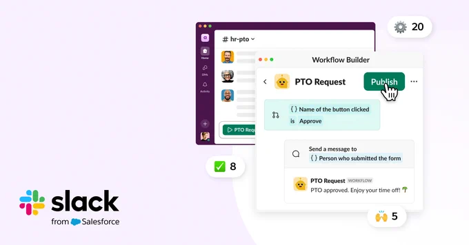 Illustration showing the Slack interface from Salesforce, featuring a Workflow Builder window with options for PTO Request and approval actions.