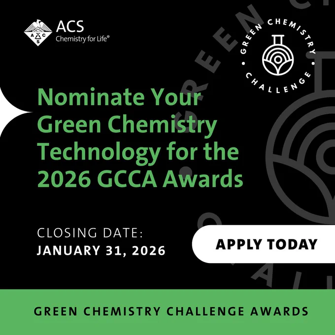 ACS Chemistry for Life. Green Chemistry Challenge. Nominate Your Green Chemistry Technology for the 2026 GCCA Awards. Closing Date: January 31, 2026. Apply Today.