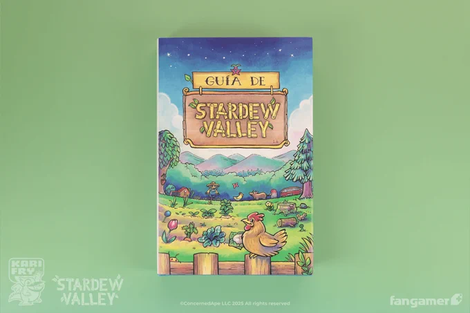 A photo of the Spanish edition of the Stardew Valley Guidebook, showing its localized dust jacket. 