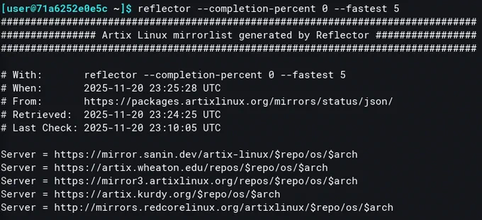 A screenshot of a terminal emulator running the popular Arch Linux utility Reflector under Artix Linux