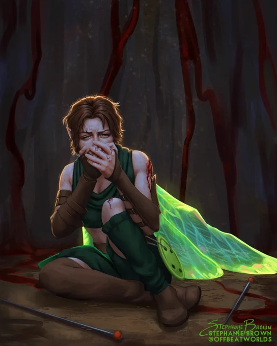 Digital fanart of Thimble from Critical Role campaign 4, after she found out her best friend had been executes. She is scuffed up and her wing is bent, and she covers her mouth in grief