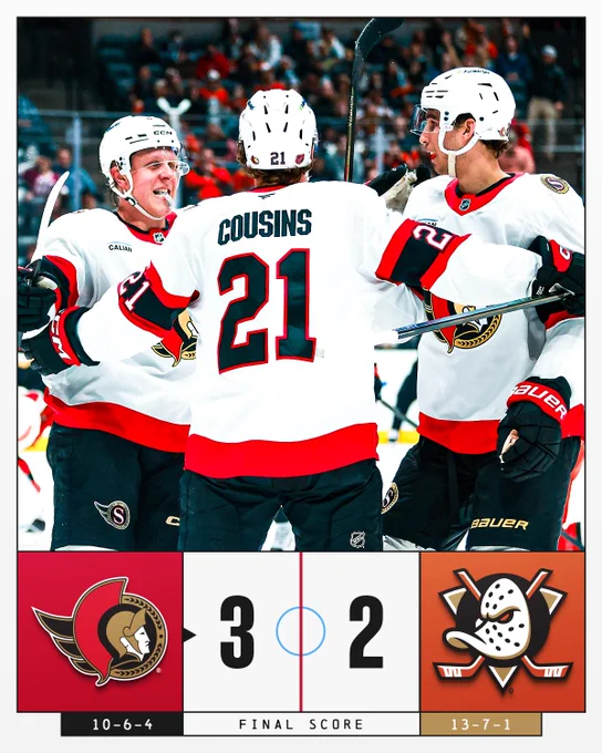 Final Score: Senators defeat Ducks 3-2
