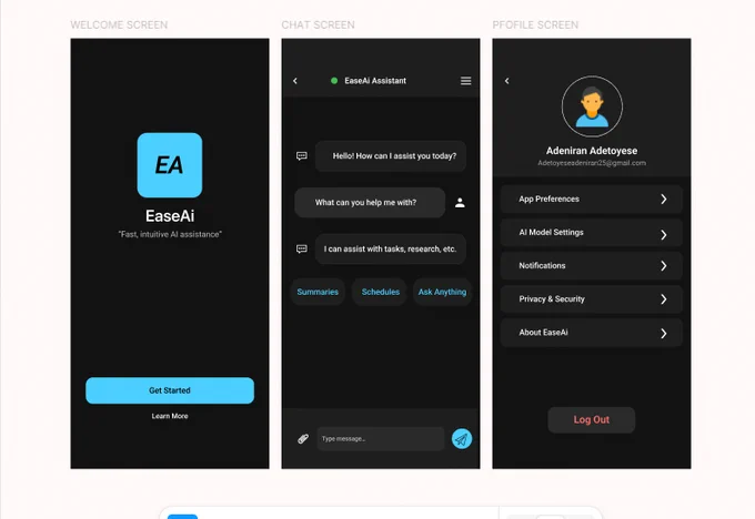 EaseAi is an AI assistant app crafted to deliver fast, intuitive, and intelligent digital interactions. The design focuses on reducing friction, enhancing readability, and creating a smooth conversational experience for users who rely on AI for productivity, research, and everyday tasks.
The interface follows a dark-mode–only design system, using a deep base (#121212) with layered surfaces (#1E1E1E – #2A2A2A) to create clean visual hierarchy. Bright cyan (#4BCFFF) is used as the primary accent to guide user actions, highlight AI responses, and give the interface a modern, tech-forward feel. A warm secondary accent (#FFC857) handles notifications and subtle alerts without feeling harsh.
Typography is modern, readable, and accessibility-focused — ensuring clarity in fast-paced chat interactions. Chat bubbles are designed to be minimal and easy to scan, while navigation remains simple and intuitive across all screens: Welcome, Chat, and Profile.
EaseAi’s design emphasizes speed.