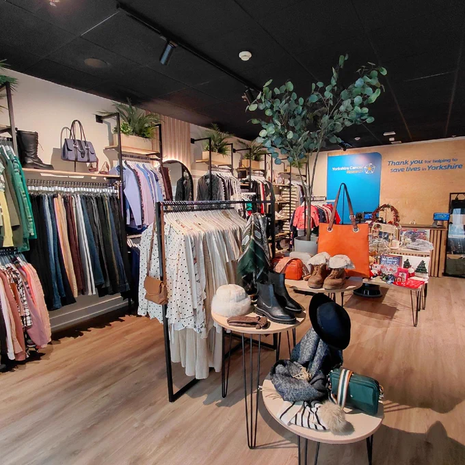 Inside the Yorkshire Cancer Research shop in Sheffield. An array of clothing, accessories and more are on display