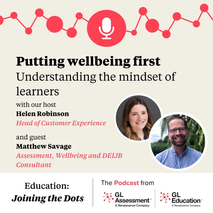 Promotional image for a podcast episode titled 'Putting our understanding the mindset of learners' featuring Helen Robinson and guest Matthew Savage, representing GL Assessment, a Renaissance Company. The image includes logos for 'The PodClassment', 'GL Assessment', and 'Renaissance'.