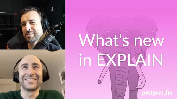 Pictures of Nik and Michael mid-recording, the episode title "What's new in EXPLAIN", against a pink backround with an elephant wearing sunglasses.