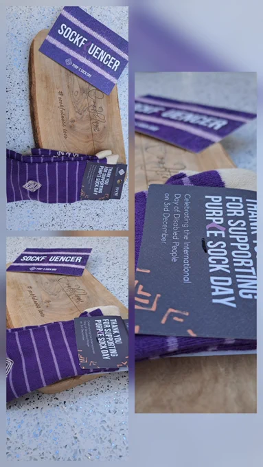 3 pictures of Purple striped funky socks sitting on top of my cookfulness wooden board, next to my official Sockfluencer credentials!