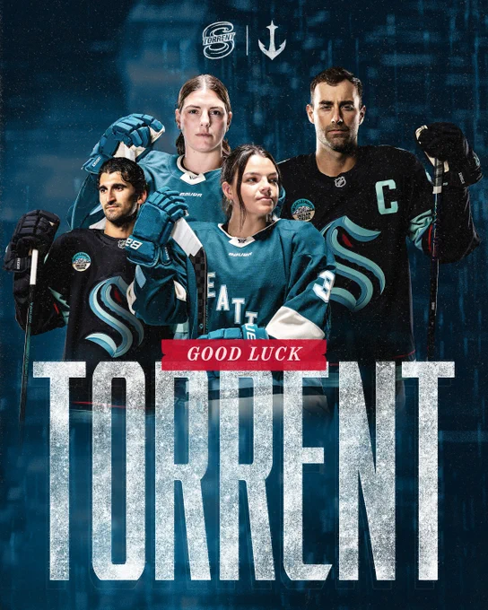 a graphic featuring cutout photos of Seattle Torrent forward Hilary Knight, Seattle Torrent defender Cayla Barnes, Seattle Kraken forward Matty Beniers, and Seattle Kraken forward Jordan Eberle. 

Text reads:
Good Luck, Torrent!