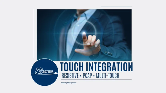 A professional in a suit interacting with an advanced holographic touchscreen interface. The image features the AGDisplays logo and the text "TOUCH INTEGRATION – RESISTIVE • PCAP • MULTI-TOUCH" with the website www.agdisplays.com. Visual emphasizes cutting-edge touch technology solutions.