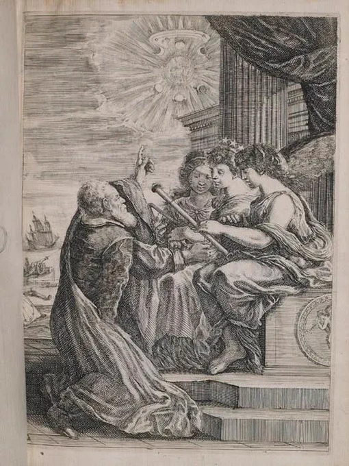 frontispiece to Opere di Galileo, showing Galileo pointing out heavenly phenomena to three women (muses), one holding a telescope