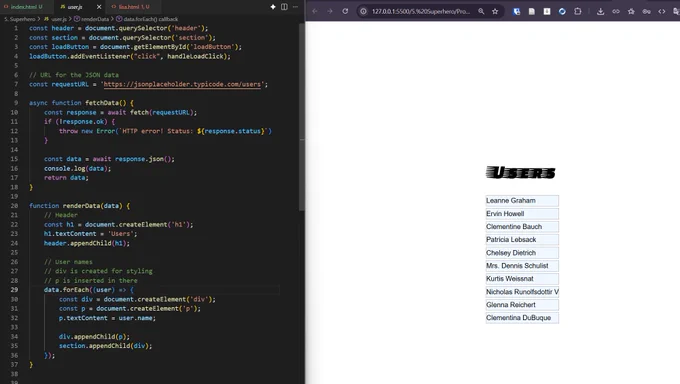 A split-screen view of front-end development. The left pane shows a JavaScript file with an async function, fetchData, using await to get user data from the JSONPlaceholder API. A second function, renderData, iterates through the fetched data with forEach and dynamically creates and appends DOM elements to display the user names. The right pane shows the browser output: a simple webpage with a vertical list of the fetched names.