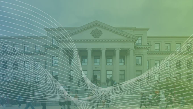 Tabaret Hall at the University of Ottawa with abstract green-blue gradient and white curved lines overlay.