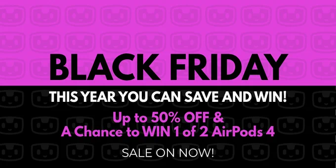 Black Friday banner with a pink and black background featuring repeating U-Bot icons. Large text reads "Black Friday." followed by "This year you can save and win!" Below, the banner highlights "Up to 50% off & a chance to win 1 of 2 AirPods 4," with a final line saying "Sale on now!"
