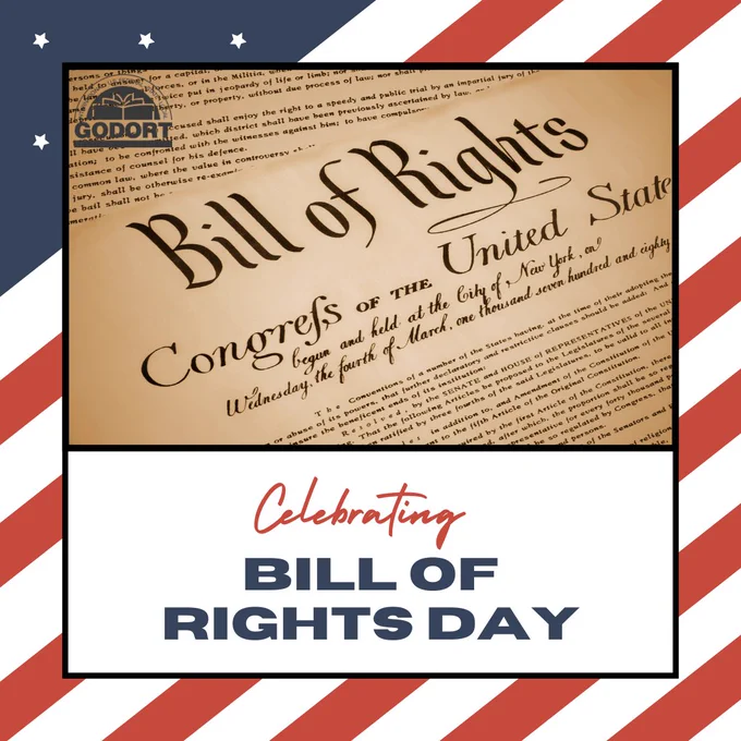 Graphic with an American flag boarder. A cropped photo of the Bill of Rights sits above text that reads, "Celebrating Bill of Rights Day." 